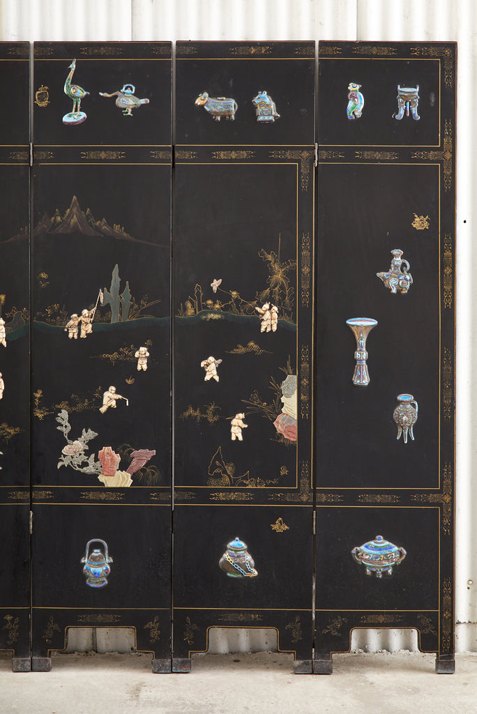 Chinese Export Six Panel Cloisonné Soapstone Coromandel Screen