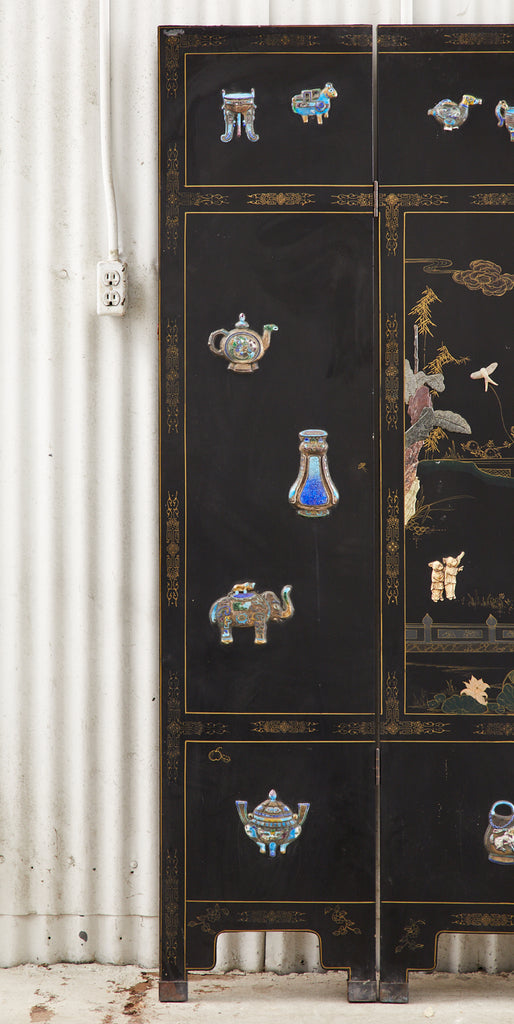 Chinese Export Six Panel Cloisonné Soapstone Coromandel Screen