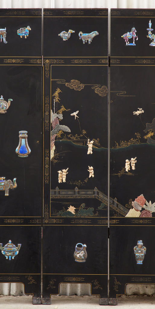 Chinese Export Six Panel Cloisonné Soapstone Coromandel Screen
