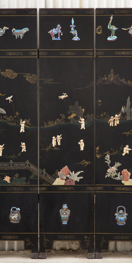 Chinese Export Six Panel Cloisonné Soapstone Coromandel Screen