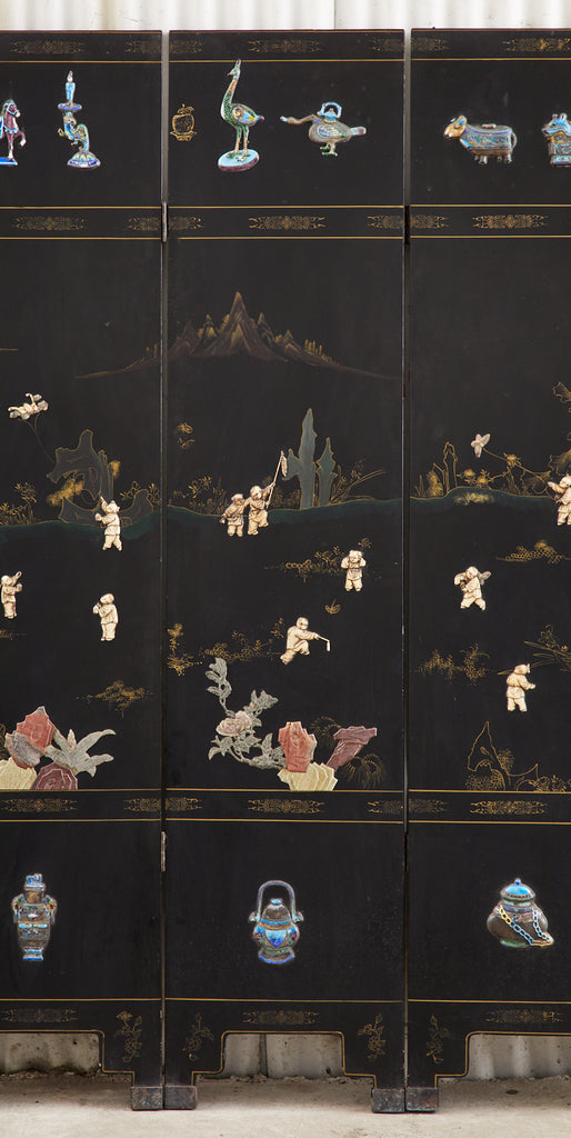 Chinese Export Six Panel Cloisonné Soapstone Coromandel Screen