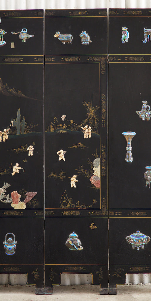 Chinese Export Six Panel Cloisonné Soapstone Coromandel Screen