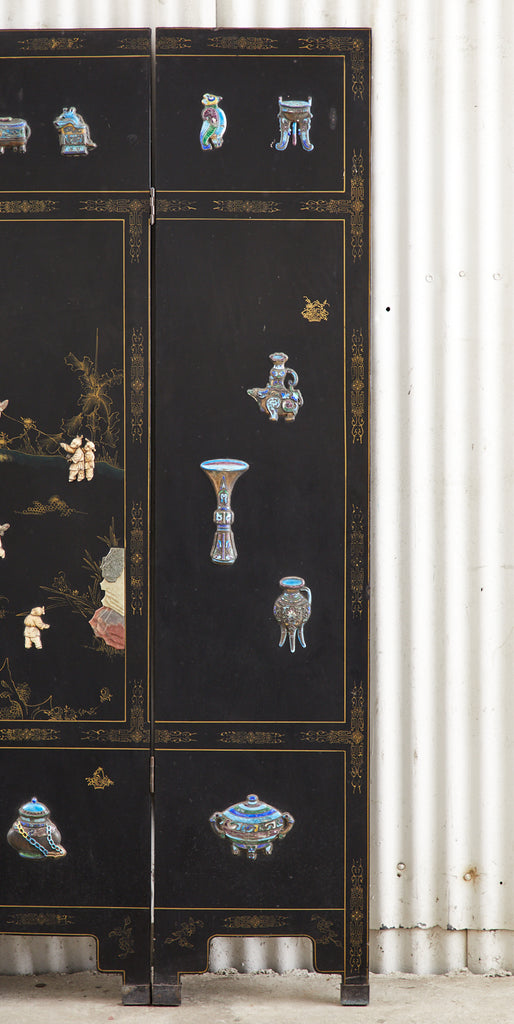 Chinese Export Six Panel Cloisonné Soapstone Coromandel Screen