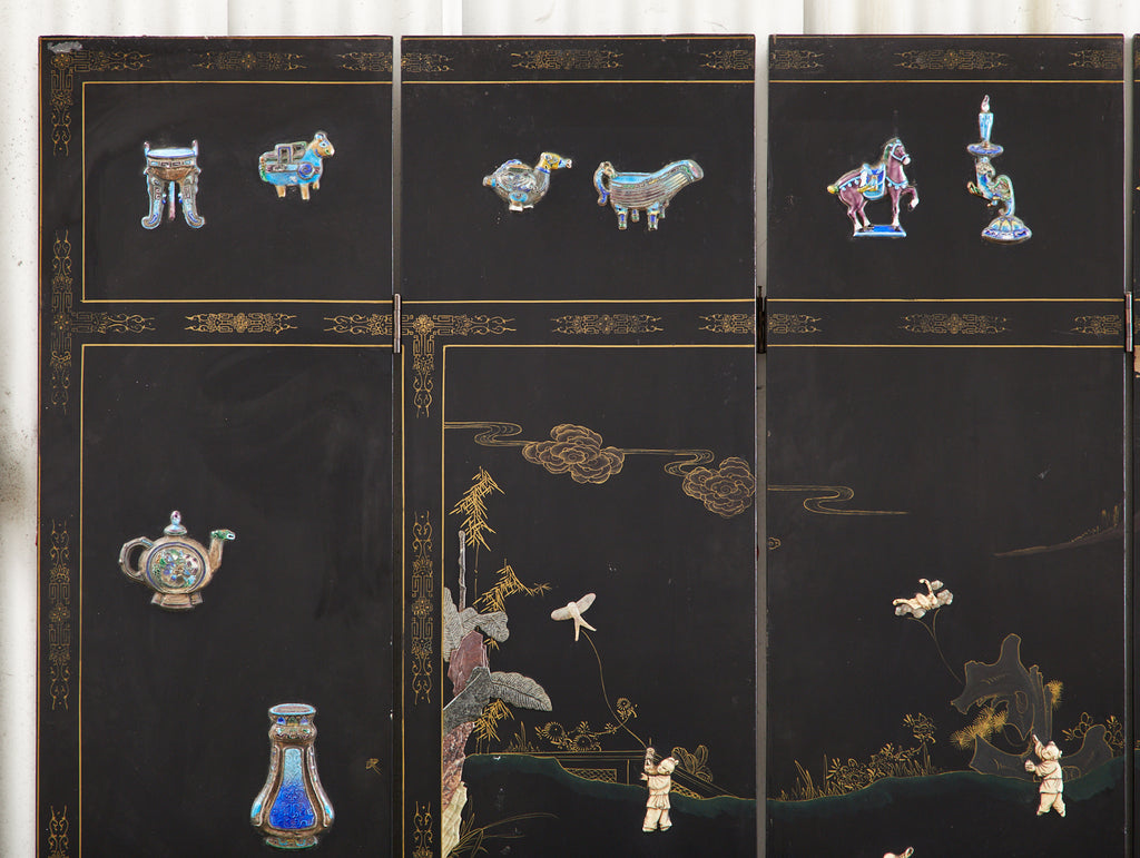 Chinese Export Six Panel Cloisonné Soapstone Coromandel Screen