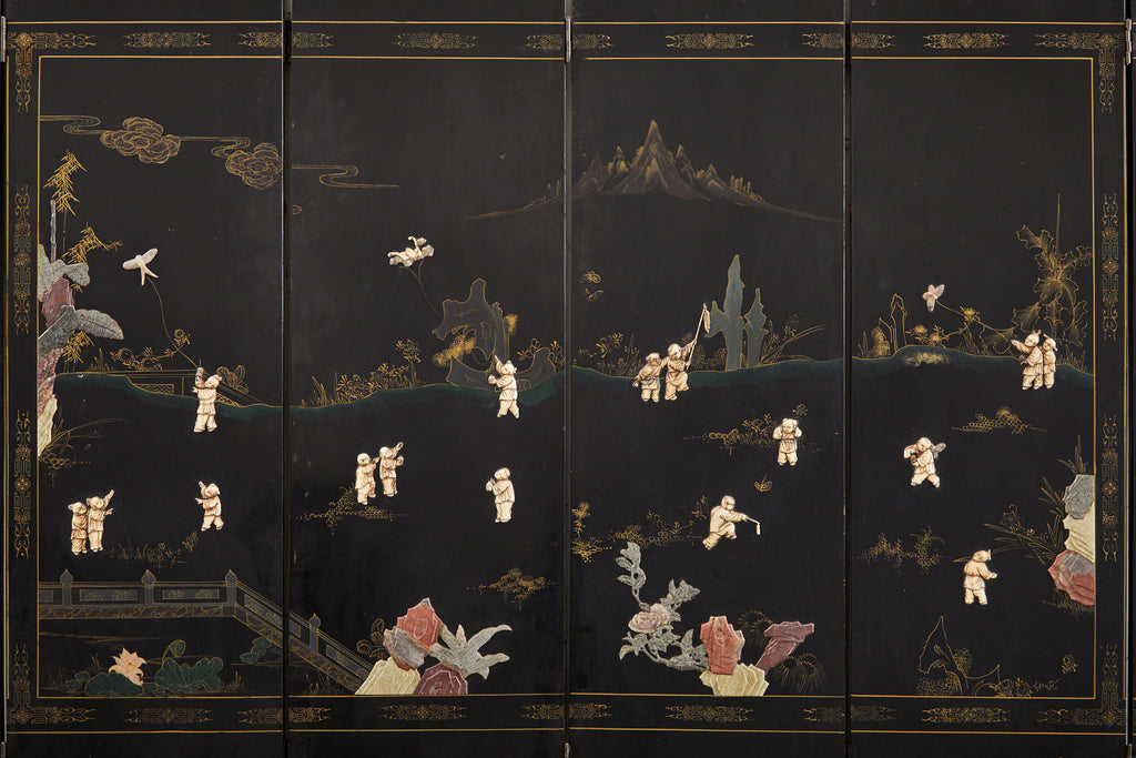 Chinese Export Six Panel Cloisonné Soapstone Coromandel Screen
