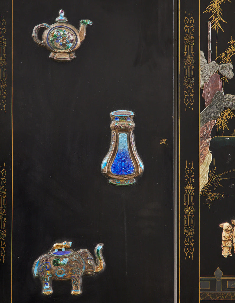 Chinese Export Six Panel Cloisonné Soapstone Coromandel Screen