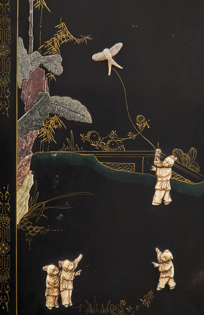 Chinese Export Six Panel Cloisonné Soapstone Coromandel Screen