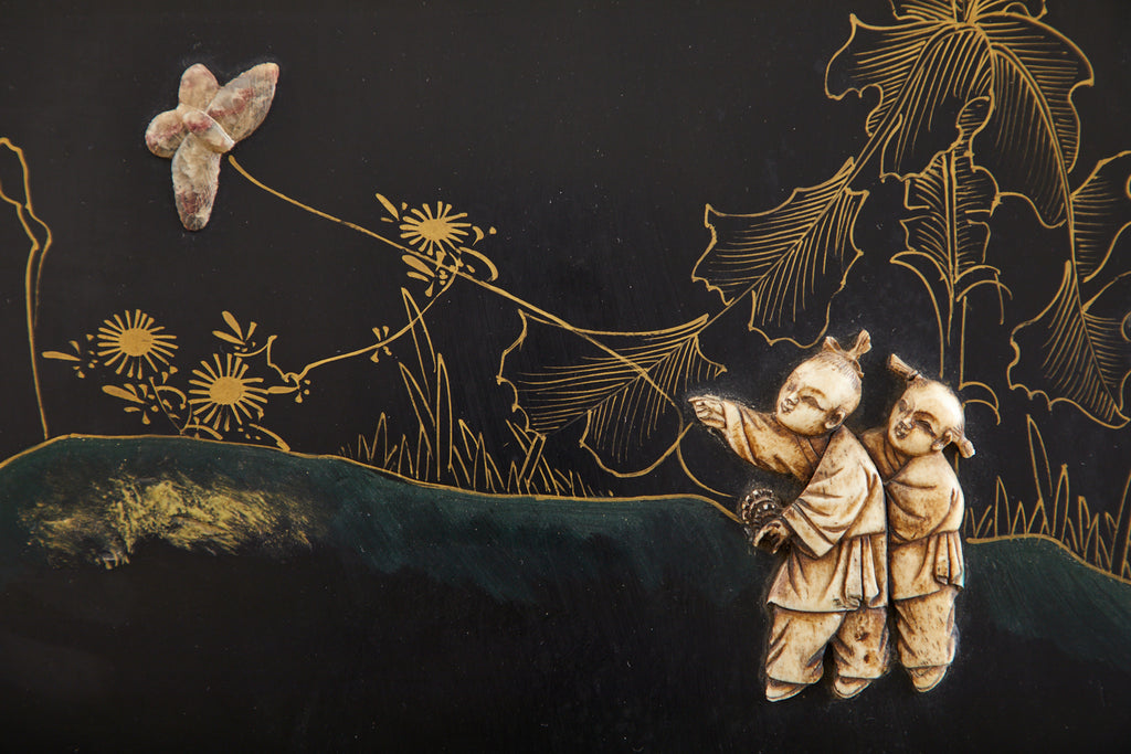 Chinese Export Six Panel Cloisonné Soapstone Coromandel Screen