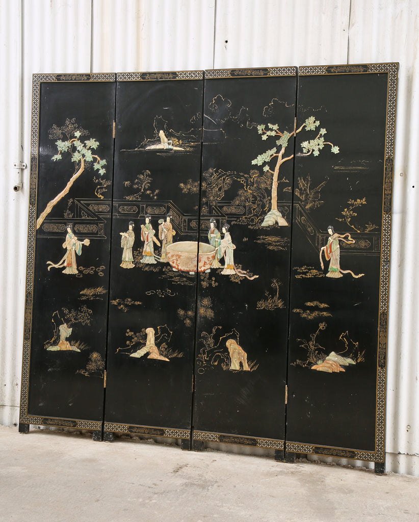 Chinese Export Four Panel Carved Soapstone Lacquered Screen