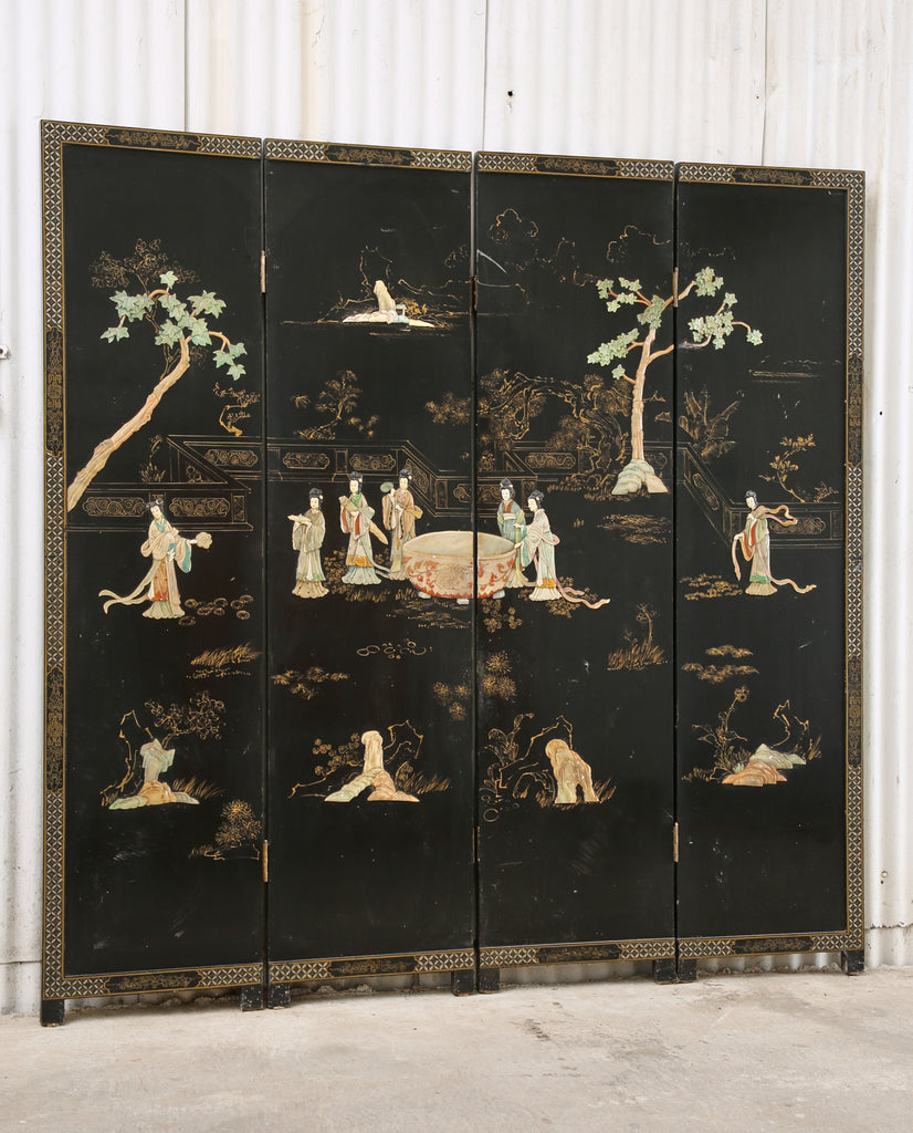 Chinese Export Four Panel Carved Soapstone Lacquered Screen