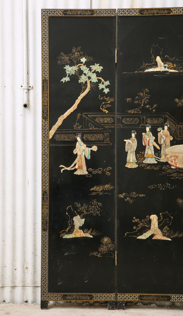 Chinese Export Four Panel Carved Soapstone Lacquered Screen