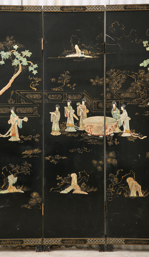 Chinese Export Four Panel Carved Soapstone Lacquered Screen