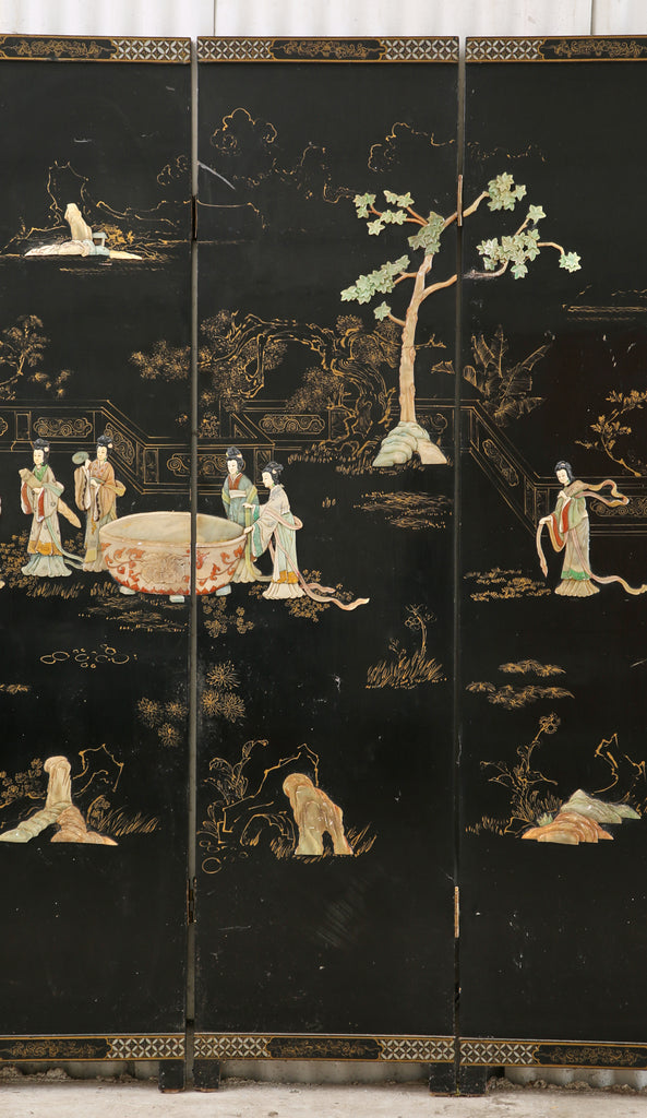 Chinese Export Four Panel Carved Soapstone Lacquered Screen