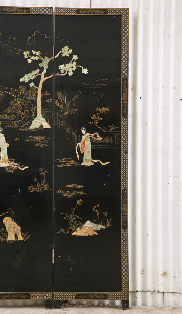 Chinese Export Four Panel Carved Soapstone Lacquered Screen