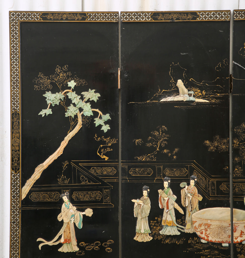 Chinese Export Four Panel Carved Soapstone Lacquered Screen
