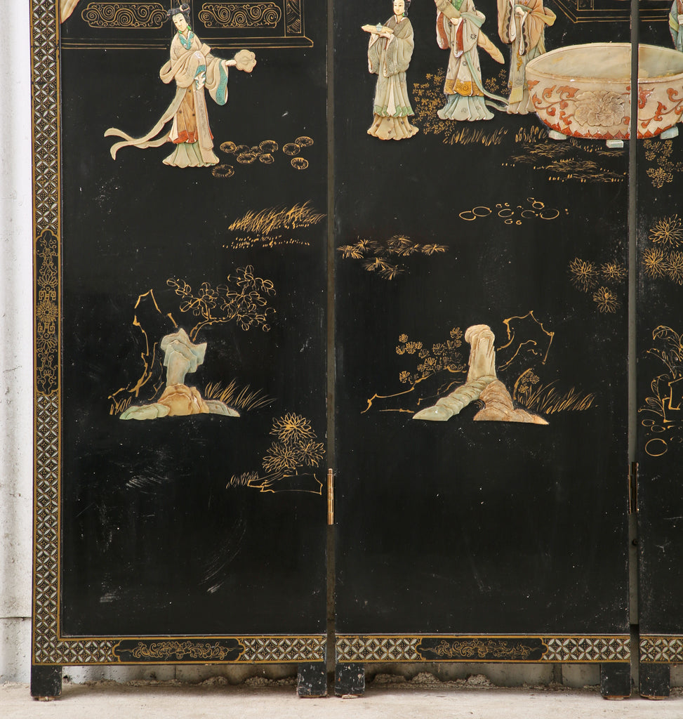 Chinese Export Four Panel Carved Soapstone Lacquered Screen