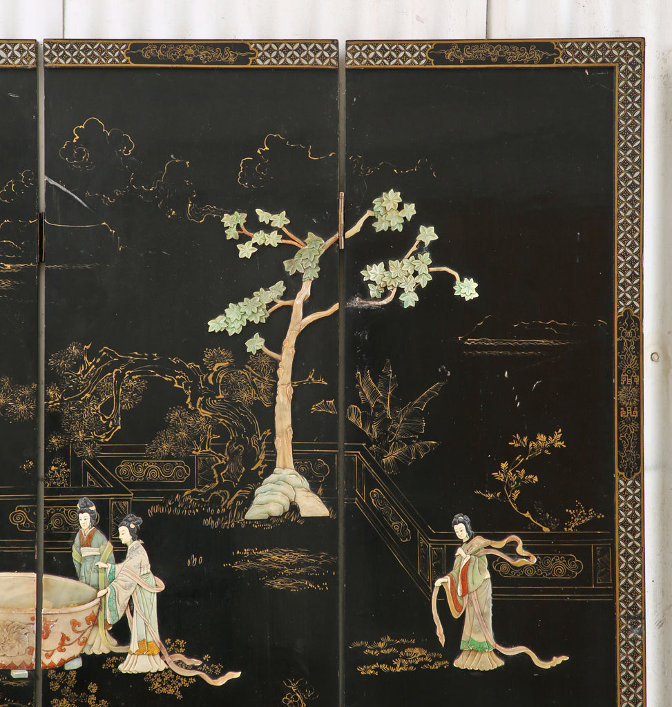 Chinese Export Four Panel Carved Soapstone Lacquered Screen