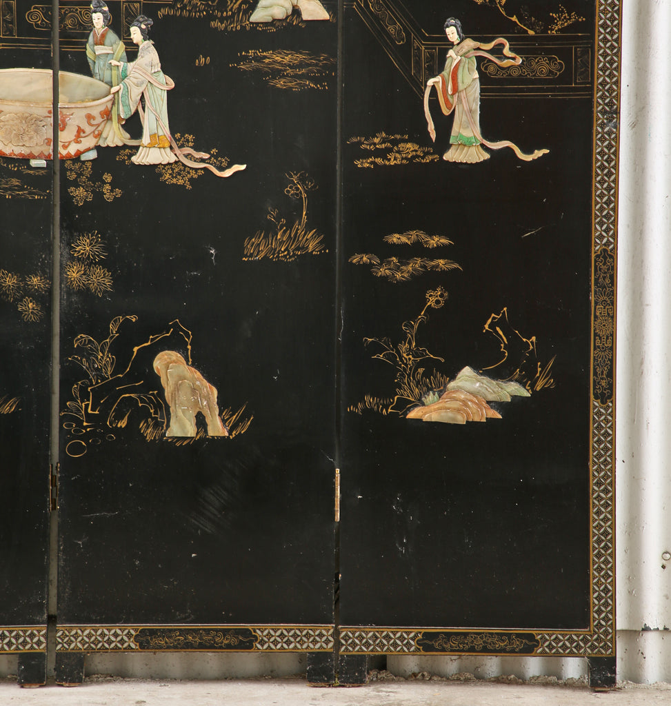 Chinese Export Four Panel Carved Soapstone Lacquered Screen