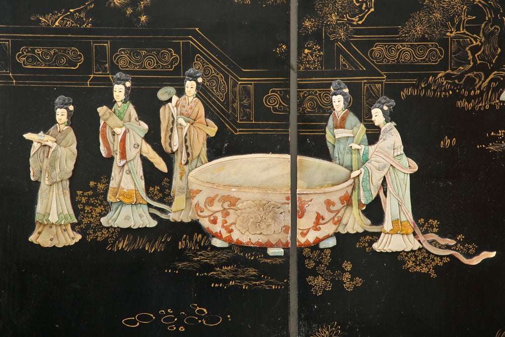 Chinese Export Four Panel Carved Soapstone Lacquered Screen