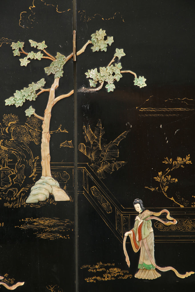 Chinese Export Four Panel Carved Soapstone Lacquered Screen