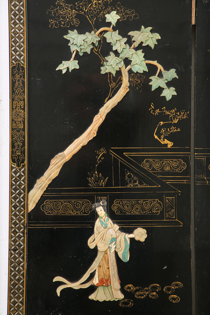 Chinese Export Four Panel Carved Soapstone Lacquered Screen