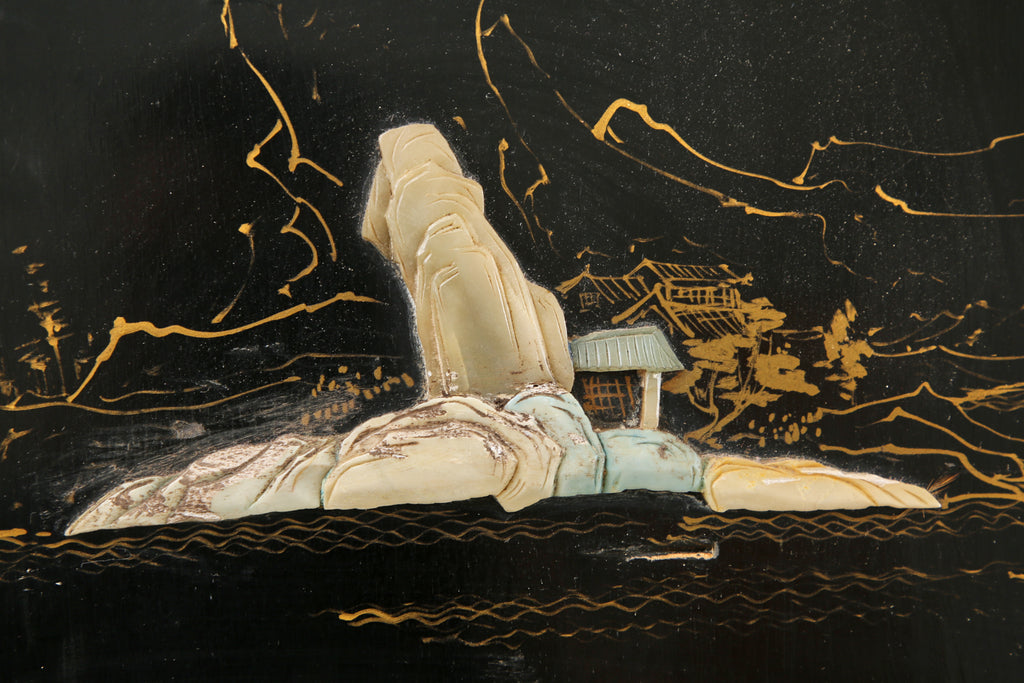 Chinese Export Four Panel Carved Soapstone Lacquered Screen