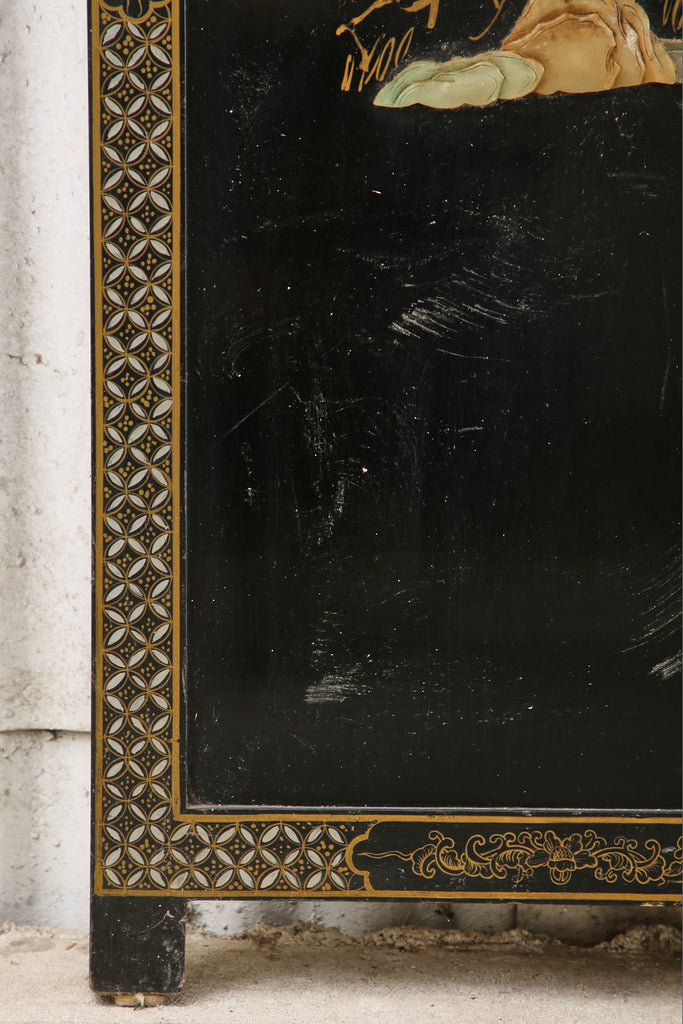 Chinese Export Four Panel Carved Soapstone Lacquered Screen