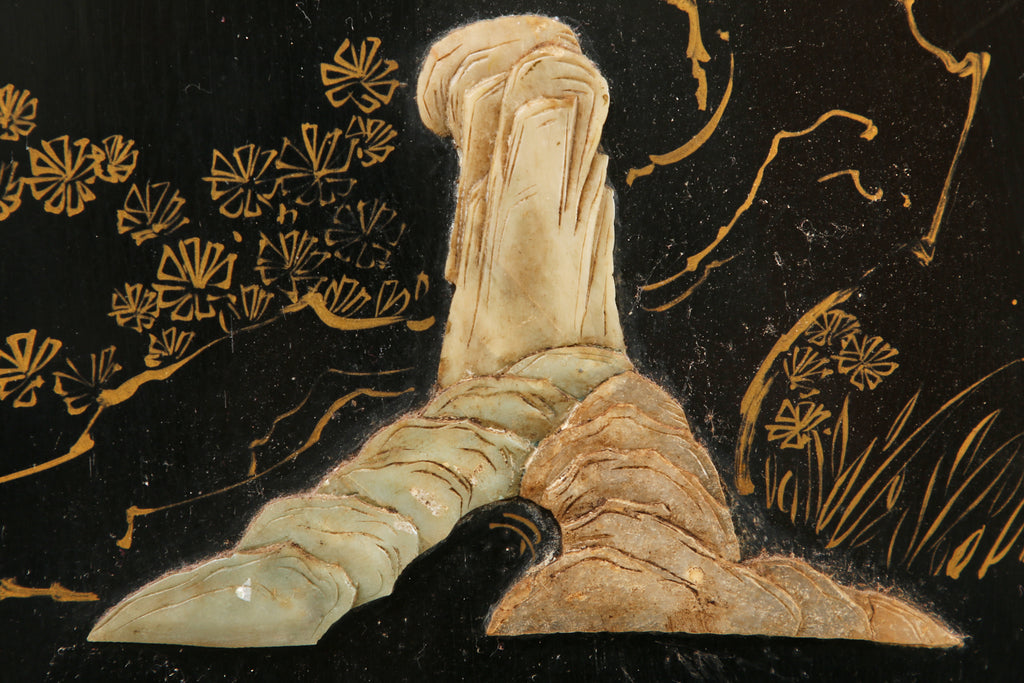 Chinese Export Four Panel Carved Soapstone Lacquered Screen