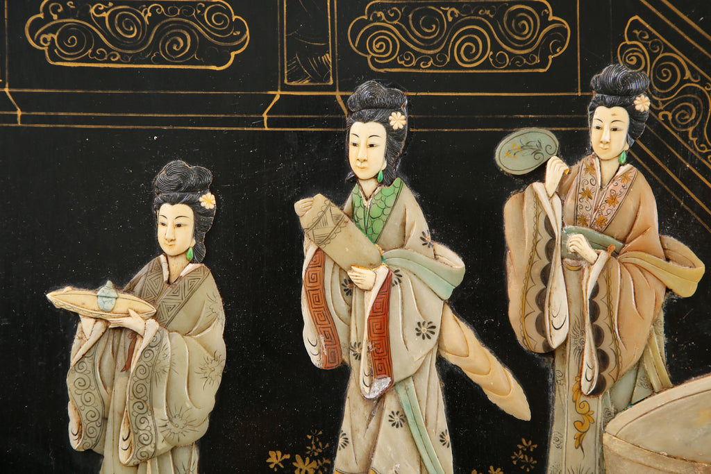 Chinese Export Four Panel Carved Soapstone Lacquered Screen