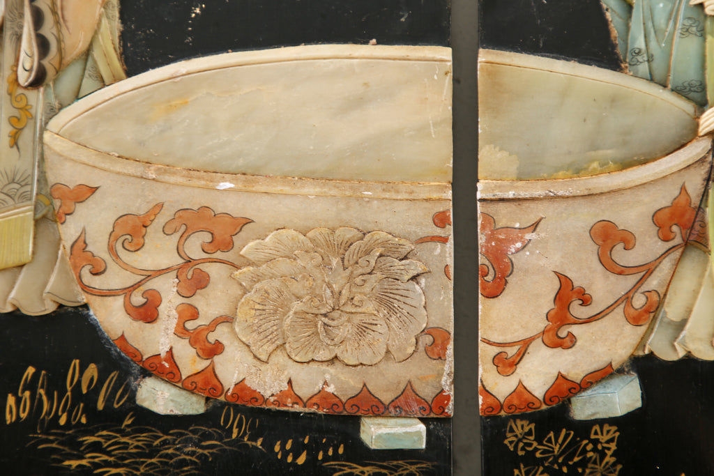 Chinese Export Four Panel Carved Soapstone Lacquered Screen