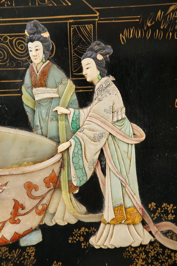 Chinese Export Four Panel Carved Soapstone Lacquered Screen