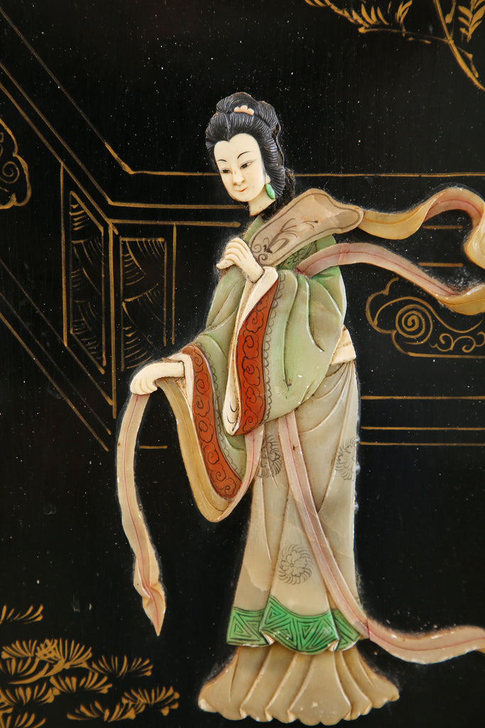 Chinese Export Four Panel Carved Soapstone Lacquered Screen