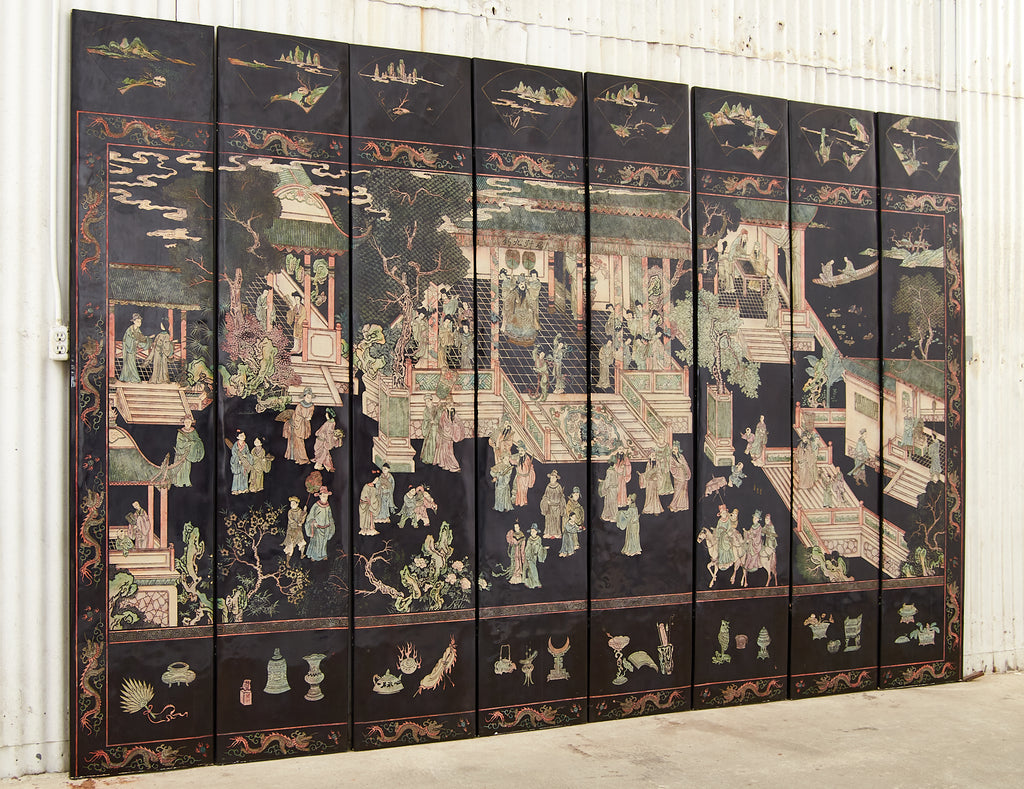 Gracie Studio Ming Style Lacquered Eight Panel Coromandel Screen