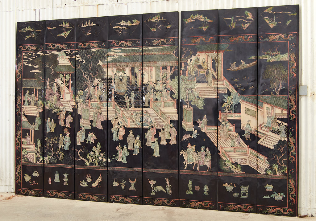 Gracie Studio Ming Style Lacquered Eight Panel Coromandel Screen