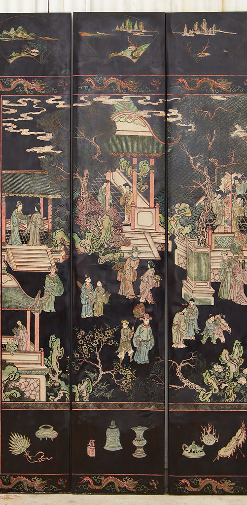 Gracie Studio Ming Style Lacquered Eight Panel Coromandel Screen