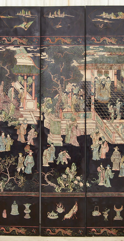 Gracie Studio Ming Style Lacquered Eight Panel Coromandel Screen