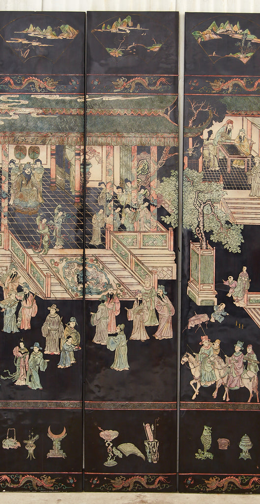 Gracie Studio Ming Style Lacquered Eight Panel Coromandel Screen