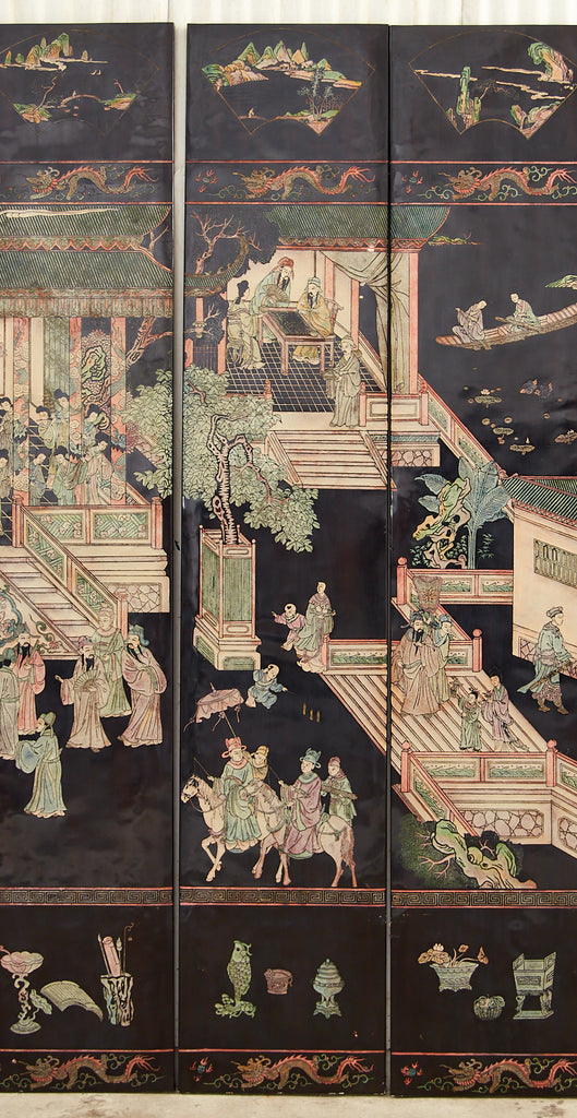 Gracie Studio Ming Style Lacquered Eight Panel Coromandel Screen