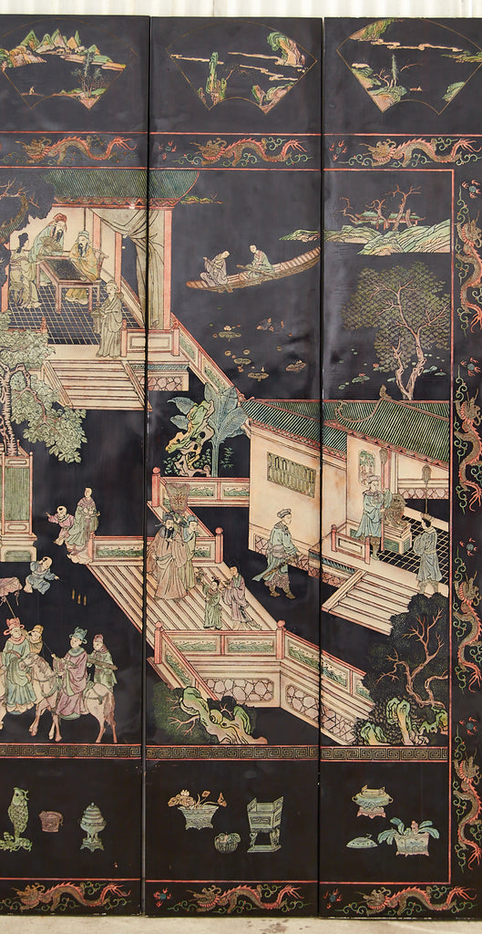 Gracie Studio Ming Style Lacquered Eight Panel Coromandel Screen