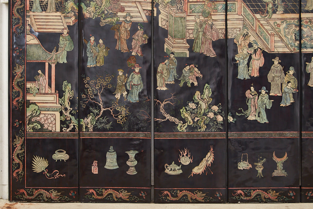 Gracie Studio Ming Style Lacquered Eight Panel Coromandel Screen