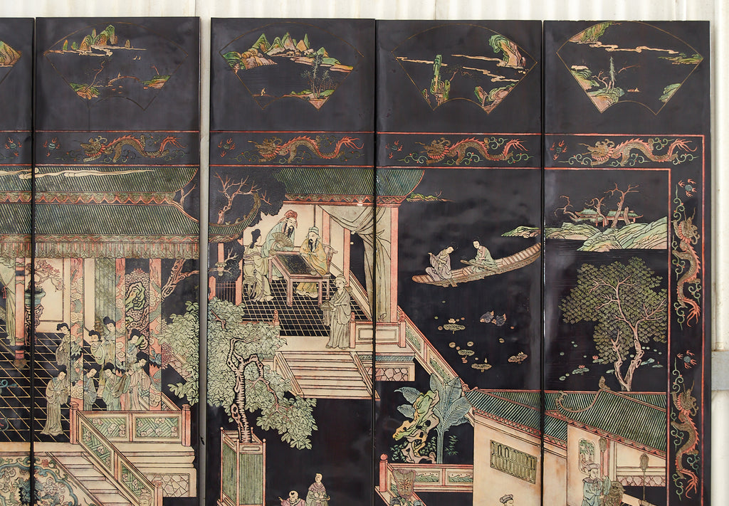 Gracie Studio Ming Style Lacquered Eight Panel Coromandel Screen