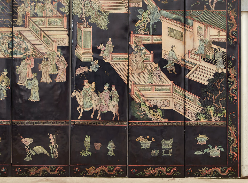 Gracie Studio Ming Style Lacquered Eight Panel Coromandel Screen