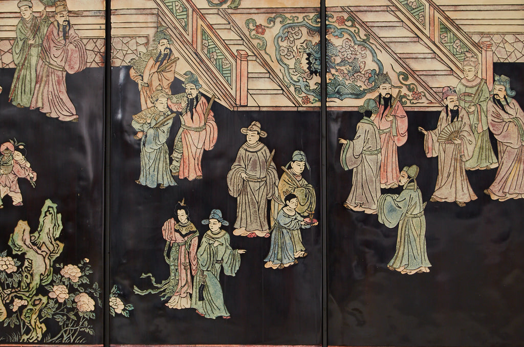 Gracie Studio Ming Style Lacquered Eight Panel Coromandel Screen