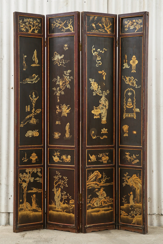 Chinese Qing Four Panel Lacquered Incised Coromandel Screen