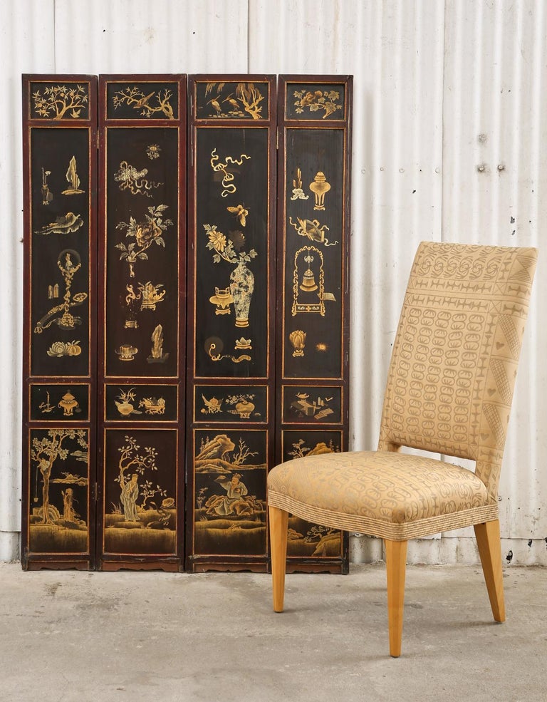 Chinese Qing Four Panel Lacquered Incised Coromandel Screen