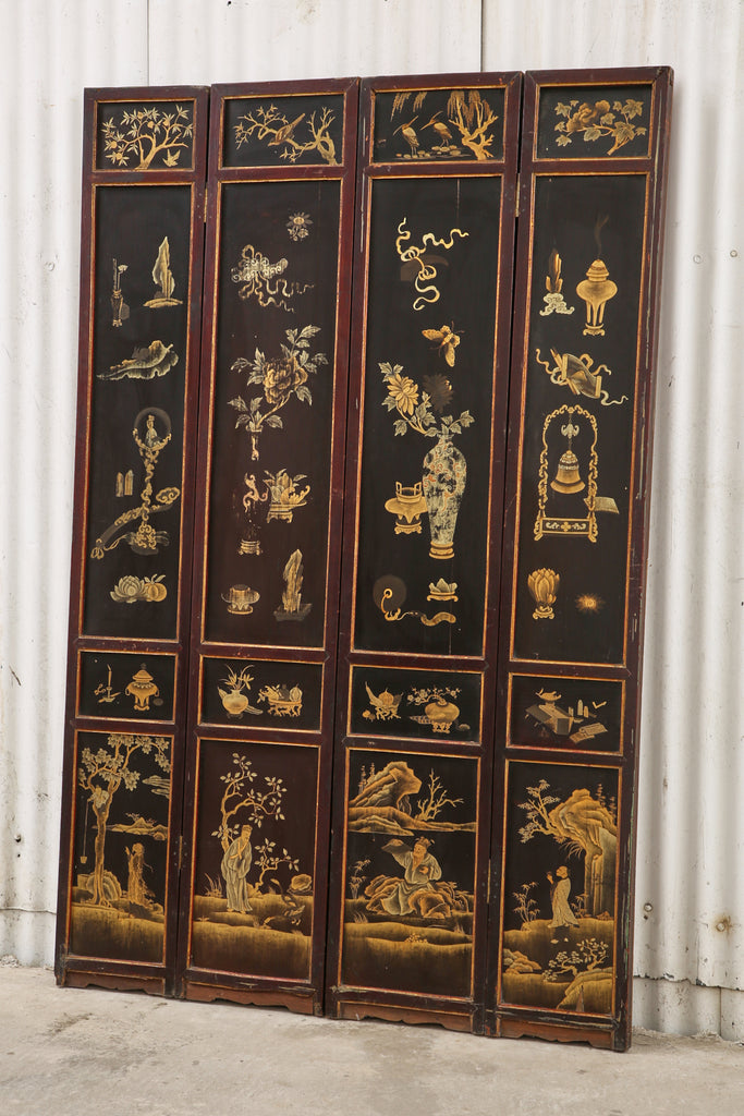 Chinese Qing Four Panel Lacquered Incised Coromandel Screen