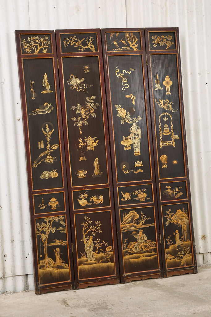 Chinese Qing Four Panel Lacquered Incised Coromandel Screen