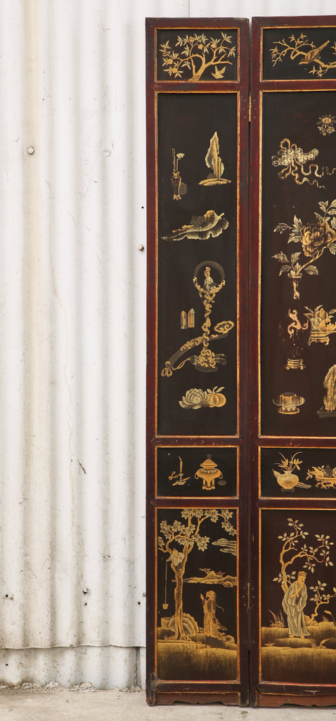 Chinese Qing Four Panel Lacquered Incised Coromandel Screen