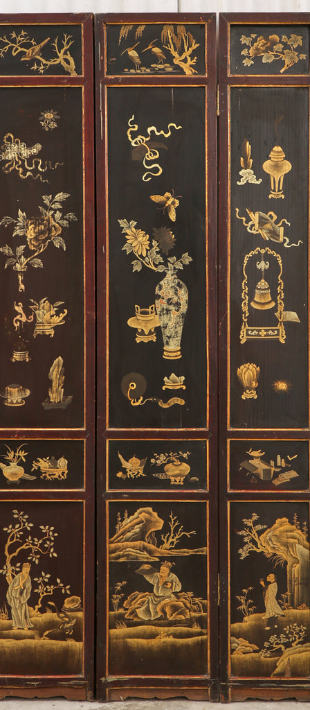 Chinese Qing Four Panel Lacquered Incised Coromandel Screen