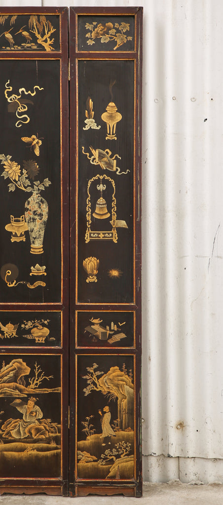 Chinese Qing Four Panel Lacquered Incised Coromandel Screen